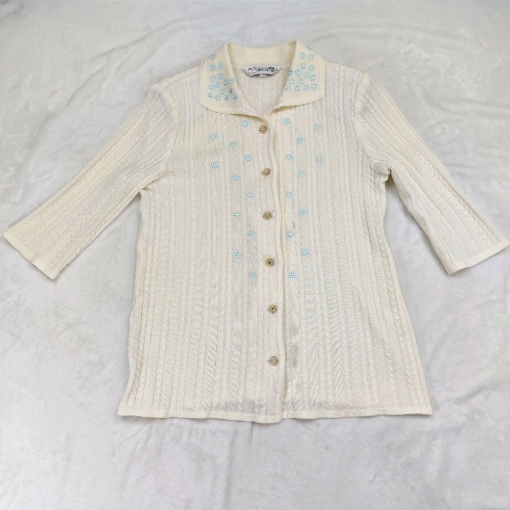 TOTAL FASHION JUNG HO JIN WOMENS VINTAGE CREAM BLUE FLORAL COQUETTE CARDIGAN